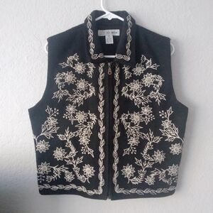Wool Vest Embroidered Zipper Sleeveless Womens Large 12/14 Winter Lagenlook